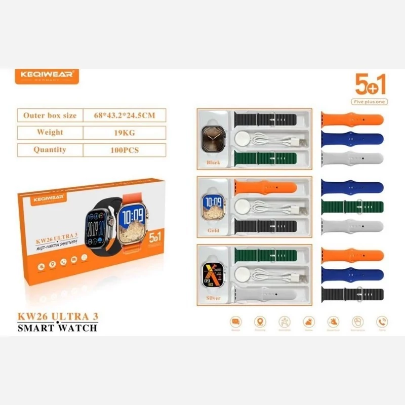 ساعت هوشمند کیوکویر مدل KW26 ULTRA3 با 5 بند ( عمده )